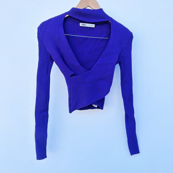 Zara Choker Cropped Rib Knit Cut Out Wrap Sweater Purple Small Top Long Sleeve - Picture 2 of 10